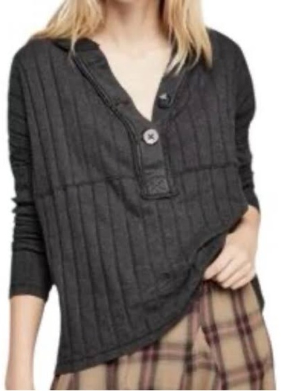 We The Free Charcoal Ribbed Henley Pullover